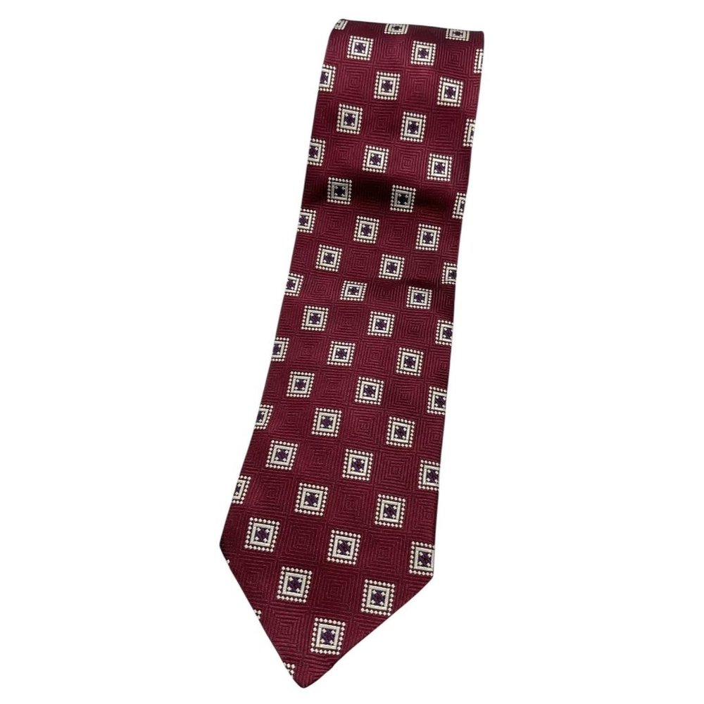 S.T. DUPONT Men's 100% Silk Necktie LUXURY Burgundy Geometric W:3.7" EUC